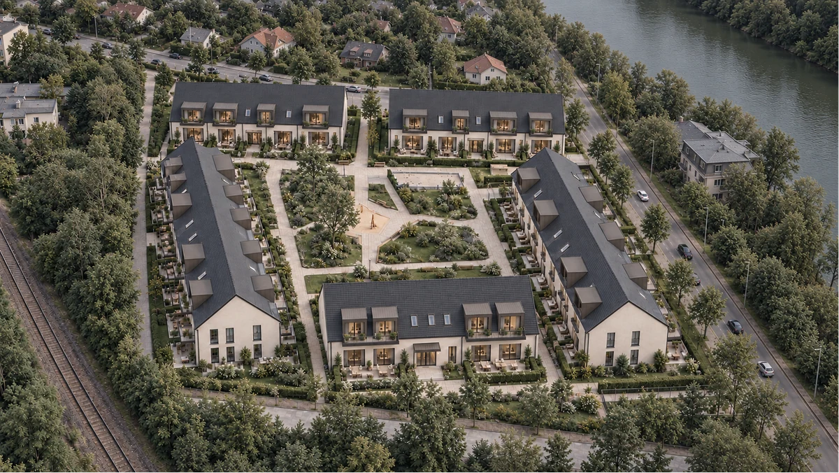 Architekturvisualisierung einer Wohnanlage in Wildau aus der Vogelperspektive